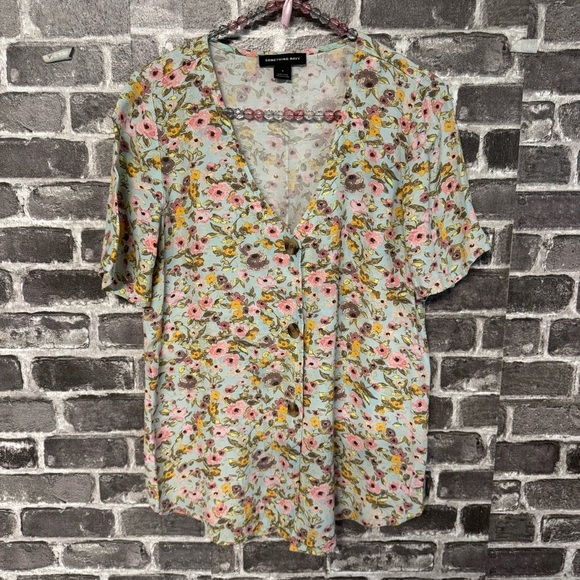 SOMETHING NAVY Easy Woven Top In Teal Romantic blouse button front shirt - Picture 2 of 9